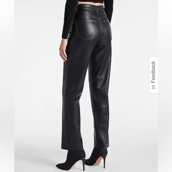 Super High Waisted Faux Leather Vented Hem Modern Straight Pant - Picture 4 of 9